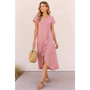 ROOLEE Women’s Small Pink Cotton Wrap Dress Ruffle Midi Short Sleeve Cottagecore